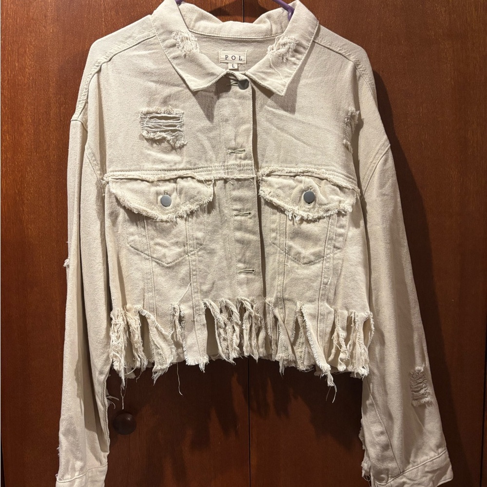 POL Women's Frayed Cream Jean Jacket
